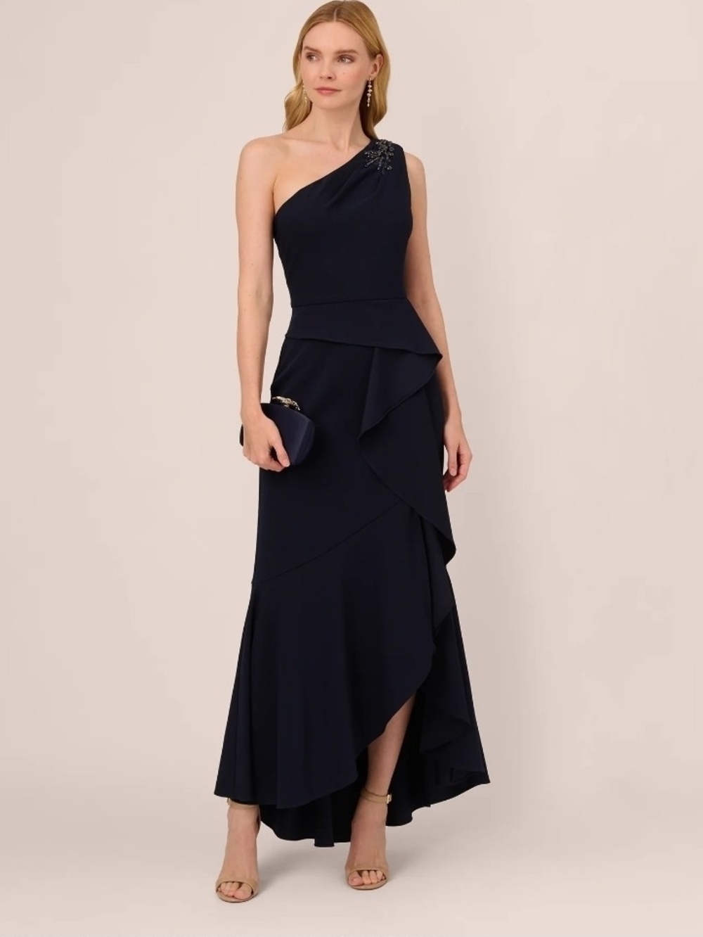Adrianna Papell Dress Evening Prom Ruffled Crepe Gown Beaded Midnight Size 8